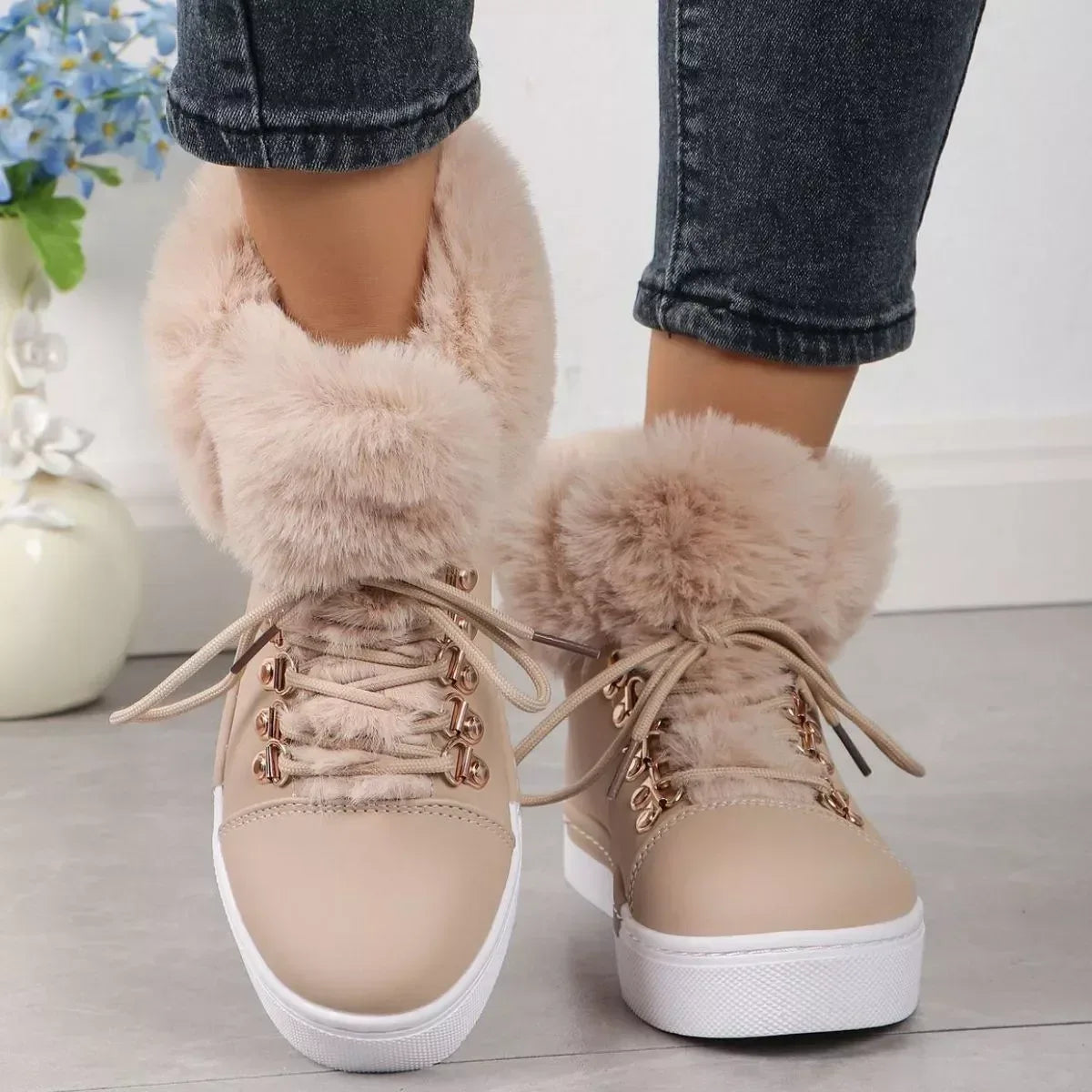 Fuzzy Trim Lace-Up Ankle Boots - DAVERRI FASHIONS