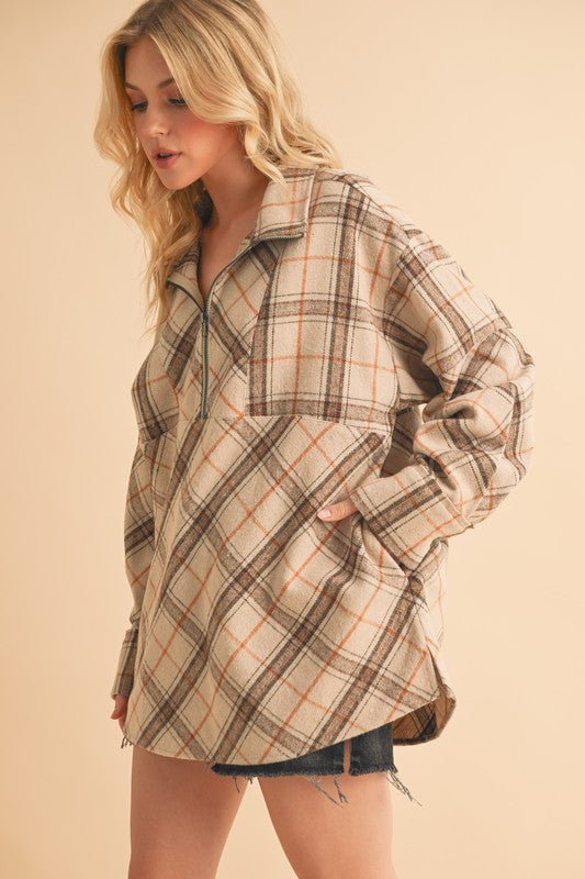 Aemi + Co Slit Plaid Half Zip Drop Shoulder Top