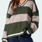 Striped Cable Knit V-Neck Sweater - DAVERRI FASHIONS