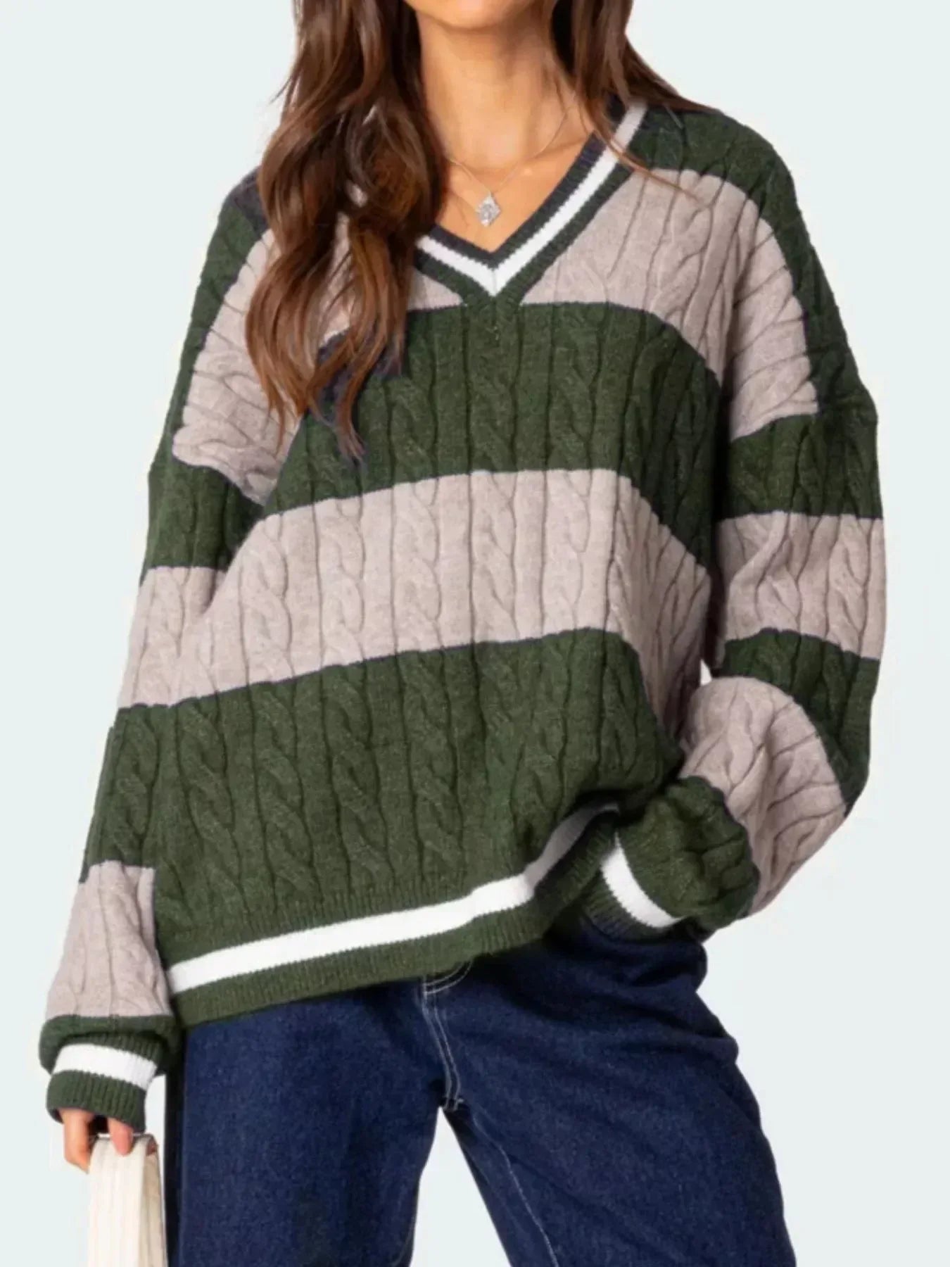 Striped Cable Knit V-Neck Sweater - DAVERRI FASHIONS