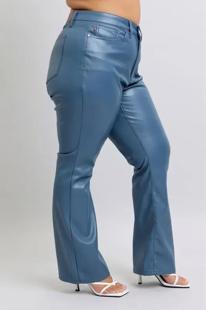 Judy Blue Full Size High Waist Tummy Control Faux Leather Bootcut Pants Plus Size - DAVERRI FASHIONS
