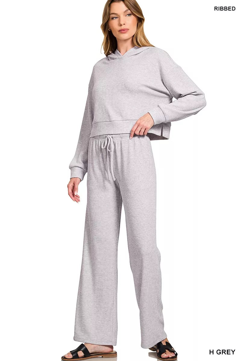Drop Shoulder Ribbed Crop Hoodie Heather Grey | Hoodies Daverri Fashions