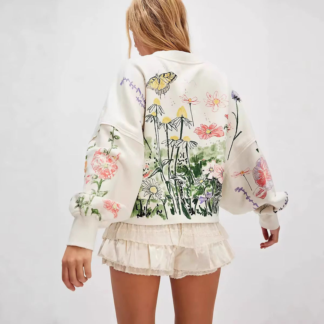 Printed Round Neck Dropped Shoulder Sweatshirt | Sweatshirts Daverri Fashions
