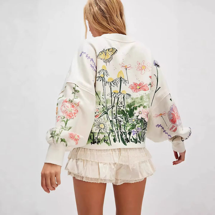 Printed Round Neck Dropped Shoulder Sweatshirt | Sweatshirts Daverri Fashions