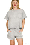 Zenana Halo Snow Washed light grey loungewear set with distressed pocket