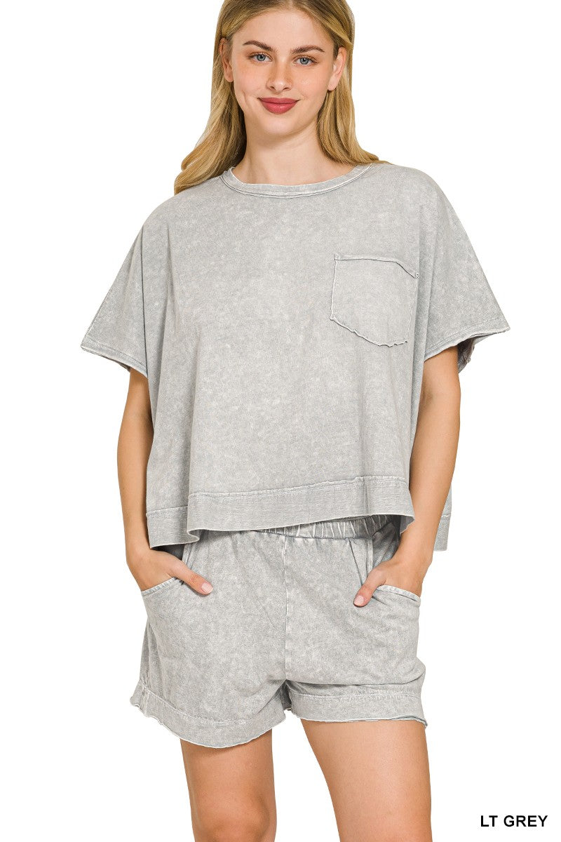 Zenana Halo Snow Washed light grey loungewear set with distressed pocket