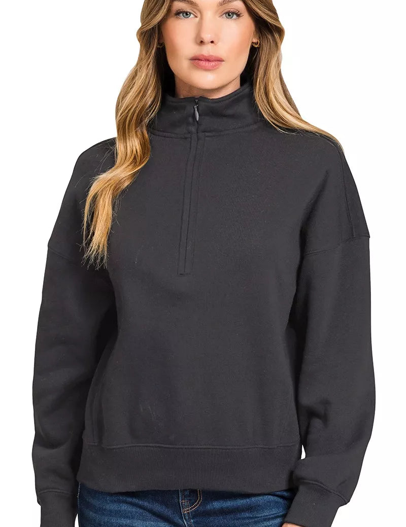 BLACK Zenana Fleece High Neck Half Zip Sweatshirt | Daverri Fashions