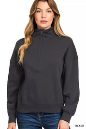 BLACK Zenana Fleece High Neck Half Zip Sweatshirt | Daverri Fashions