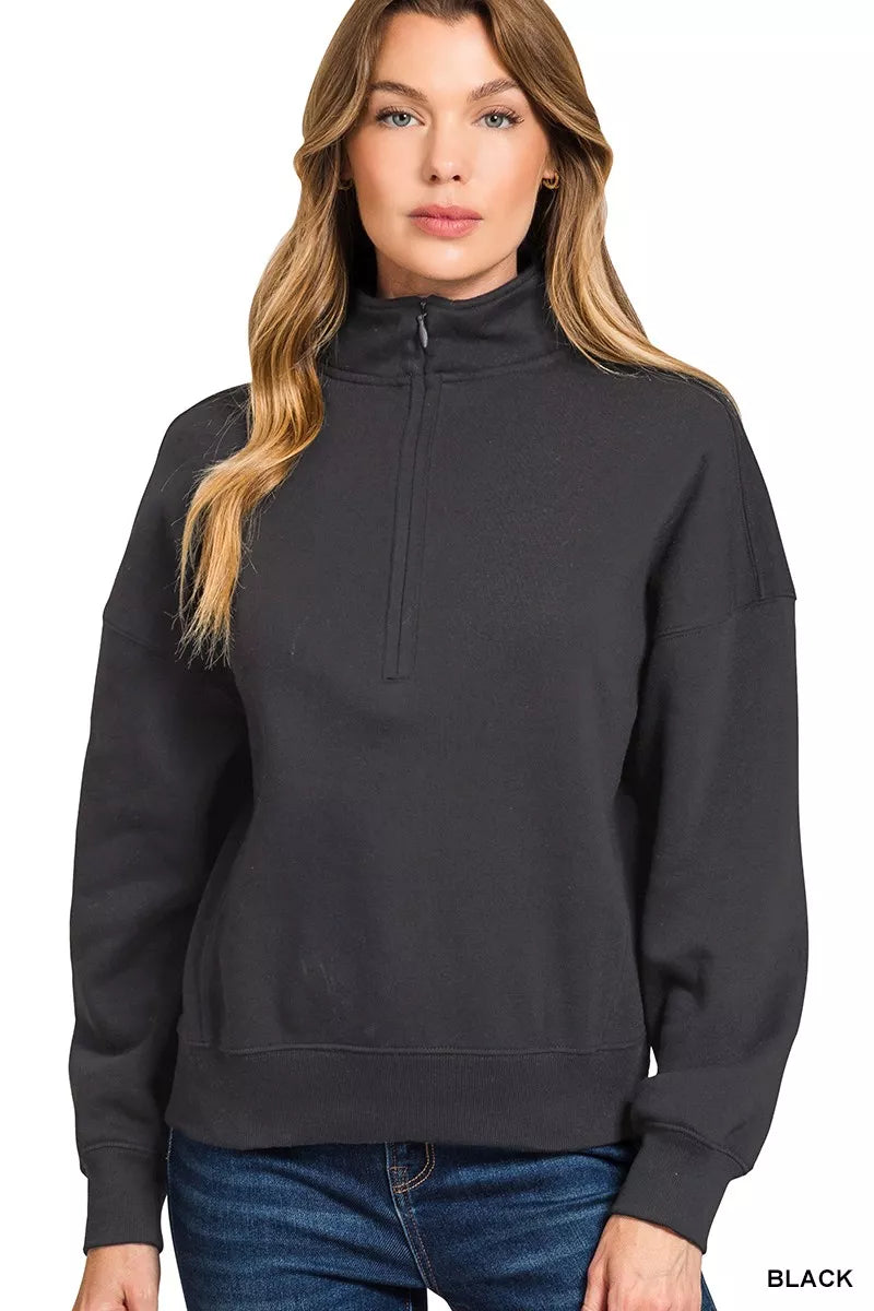 BLACK Zenana Fleece High Neck Half Zip Sweatshirt | Daverri Fashions