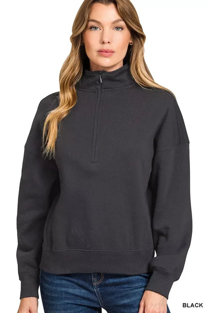 Zenana Fleece High Neck Half Zip Sweatshirt Black - DAVERRI FASHIONS