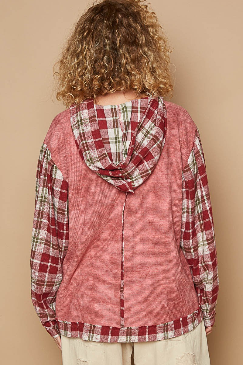 POL Star Patch Plaid Long Sleeve Hooded Top Tops