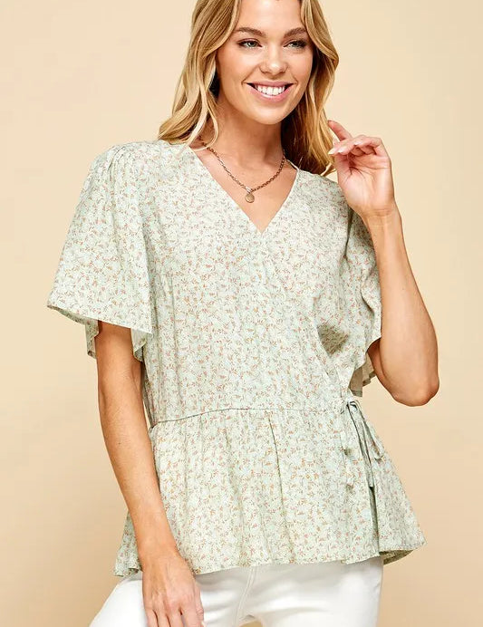SAGE GINGER Lime 'N' Chili Ditsy Print V-Neck Short Sleeve Wrap Blouse | Daverri Fashions
