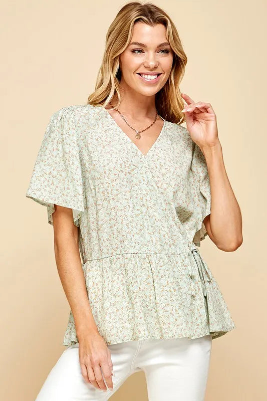 Lime 'N' Chili Ditsy Print V-Neck Short Sleeve Wrap Blouse SAGE GINGER