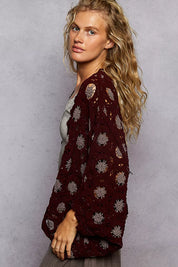 POL Openwork V-Neck Chenille Cardigan with Contrast Floral Burgundy Grey | Cardigans Daverri Fashions