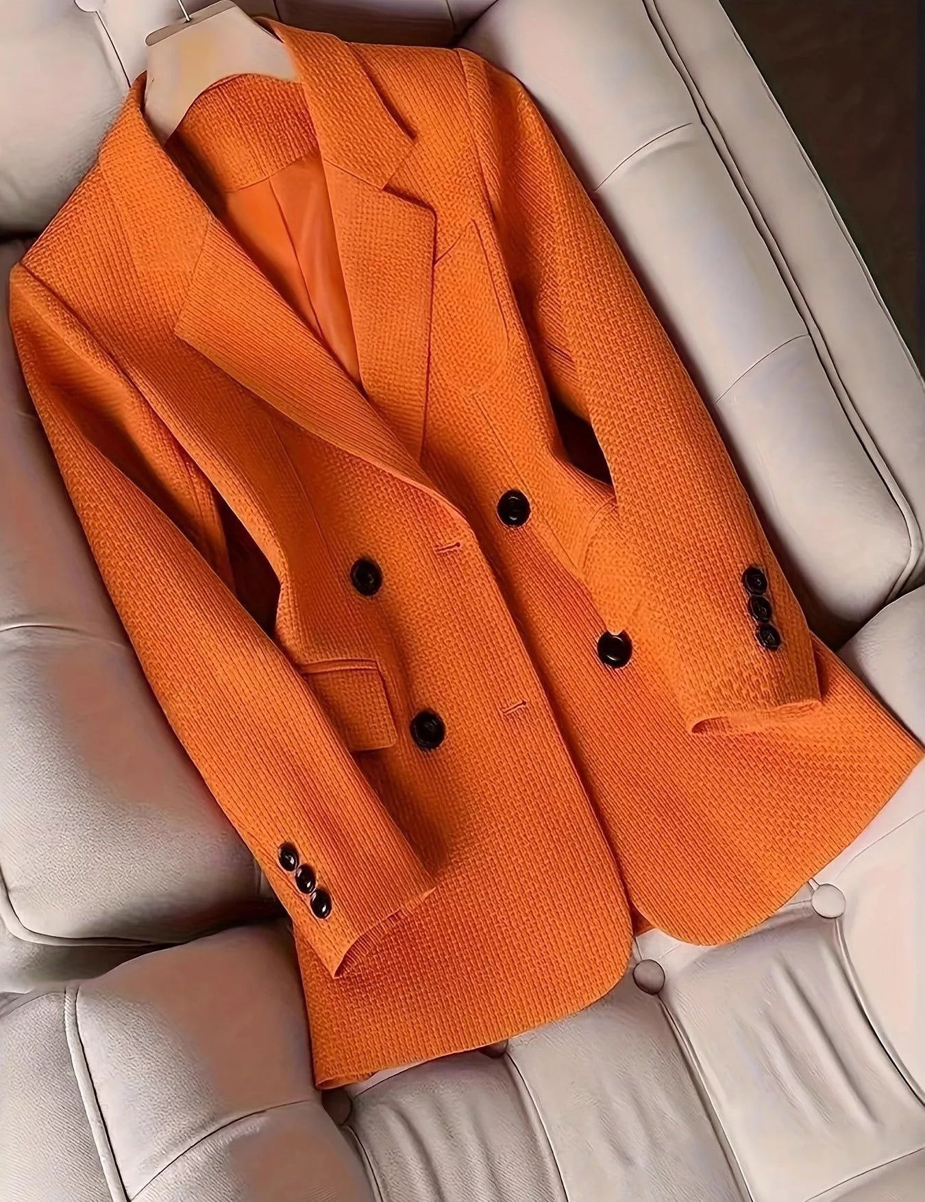 Orange Double-Breasted Textured Blazer | Blazers Daverri Fashions
