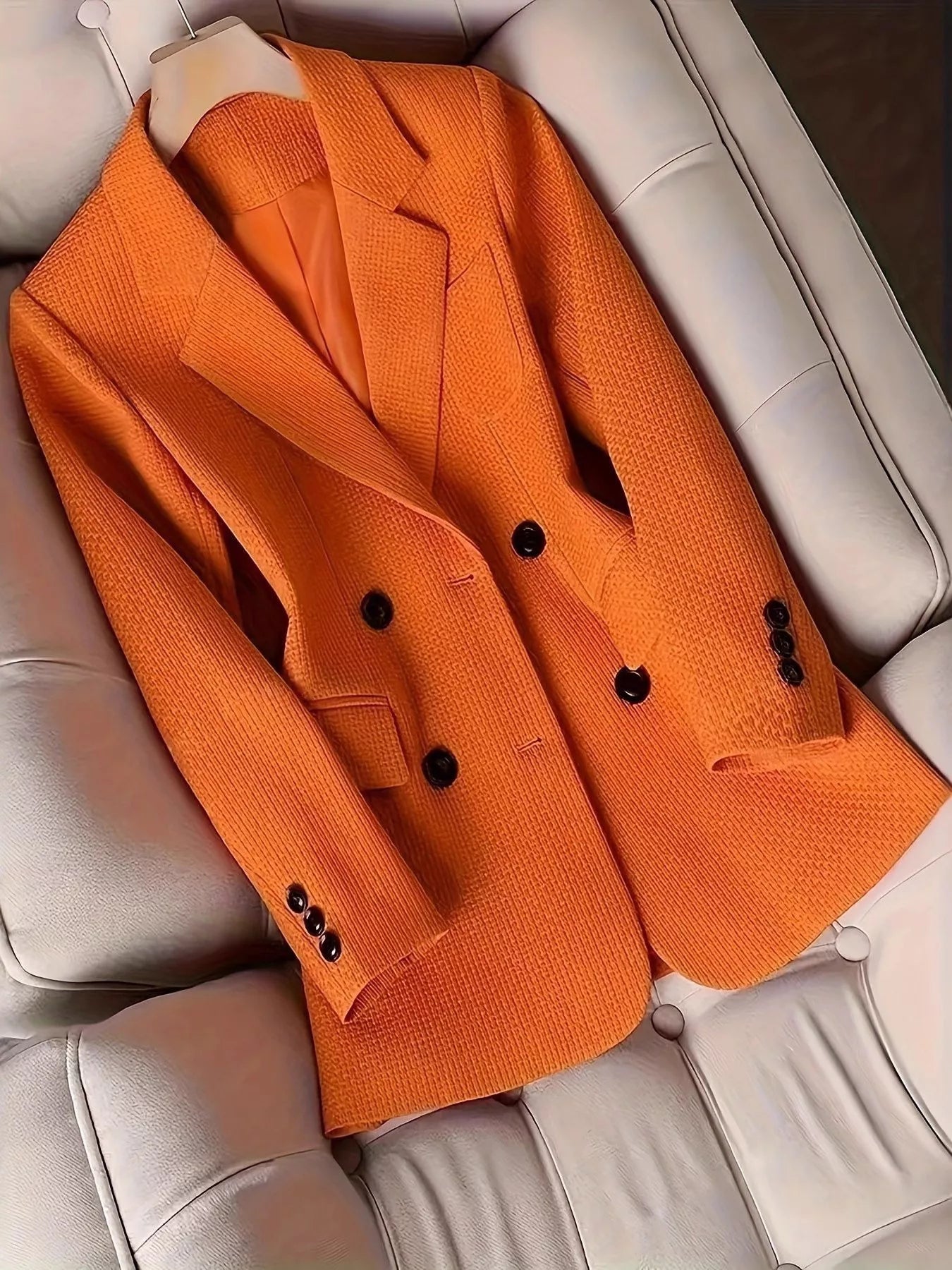 Orange Double-Breasted Textured Blazer | Blazers Daverri Fashions