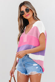 Color Block Notch V Neck Knit Sweater | Sweaters Daverri Fashions