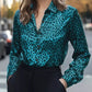 Teal satin leopard print button-up long sleeve shirt