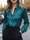 Teal satin leopard print button-up long sleeve shirt