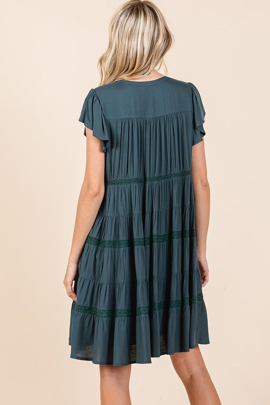 Mittoshop Deep Teal Lace Detail Ruffled Button Down Tiered Dress