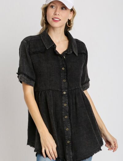 Umgee Full Size Cotton Gauze Button Front Shirt Plus Size Black Shirts