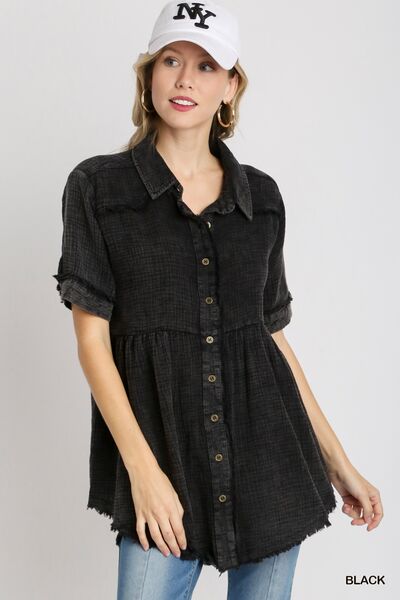 Umgee Full Size Cotton Gauze Button Front Shirt Plus Size Black Shirts