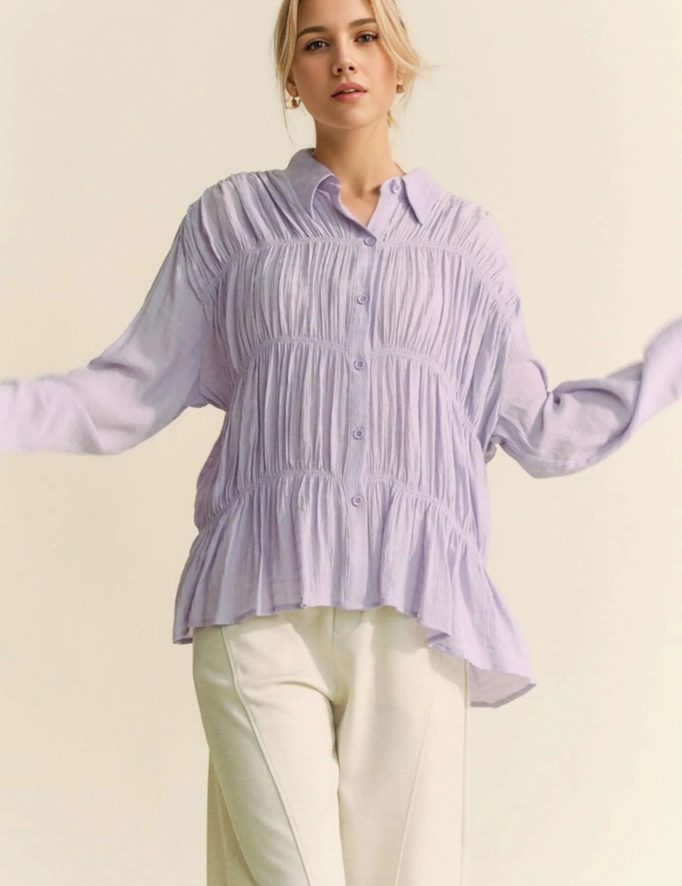 LILAC Davi & Dani Ruched All Over Button Front Shirt | Shirts Daverri Fashions