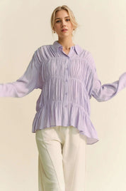 LILAC Davi & Dani Ruched All Over Button Front Shirt | Shirts Daverri Fashions