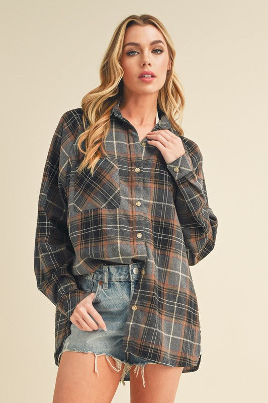 Aemi + Co Flannel Plaid Button Up Raglan Sleeve Shirt Dark Gray