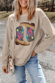 Dust Storm Full Size Sequin Boots Round Neck Long Sleeve Sweatshirt | Sweatshirts Daverri Fashions