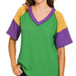 Green ribbed knit Zenana Mardi Gras top with yellow purple raglan sleeves