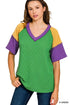 Green ribbed knit Zenana Mardi Gras top with yellow purple raglan sleeves