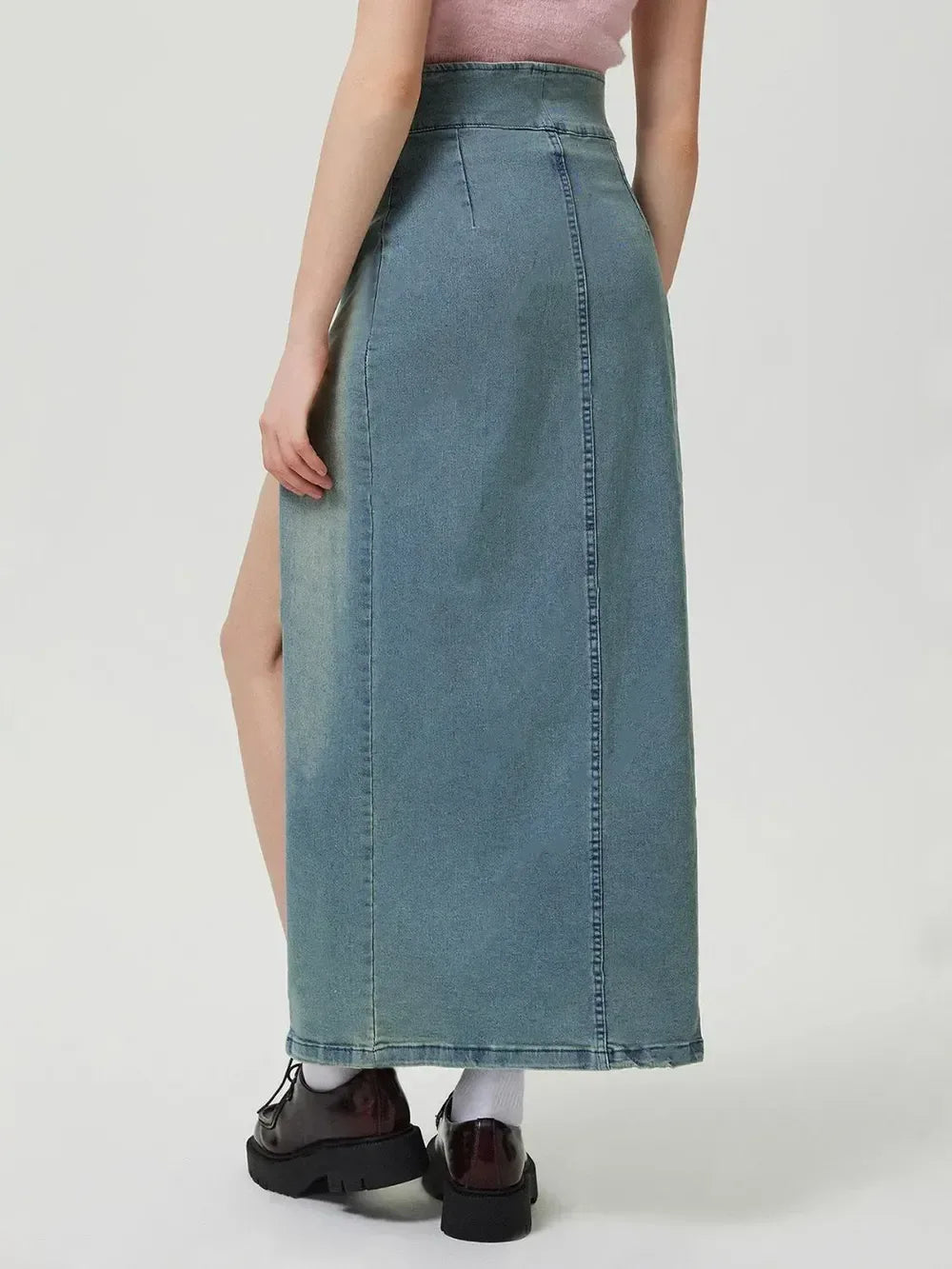 Slit Denim Skirt with Zip - DAVERRI FASHIONS