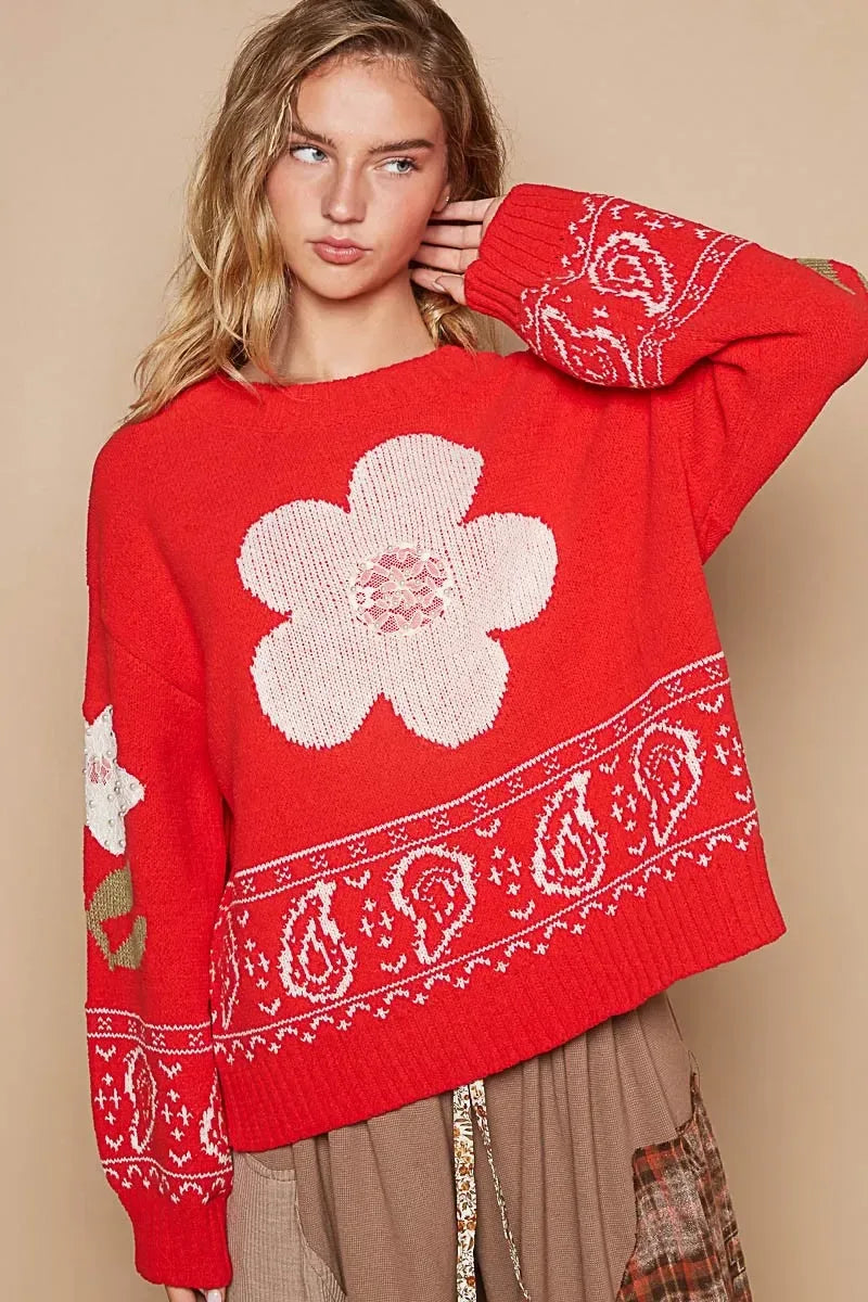 POL Flower Lace Patch Long Sleeve Sweater - DAVERRI FASHIONS