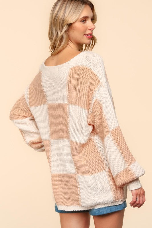 Haptics Full Size Checkered Round Neck Drop Shoulder Sweater Tops