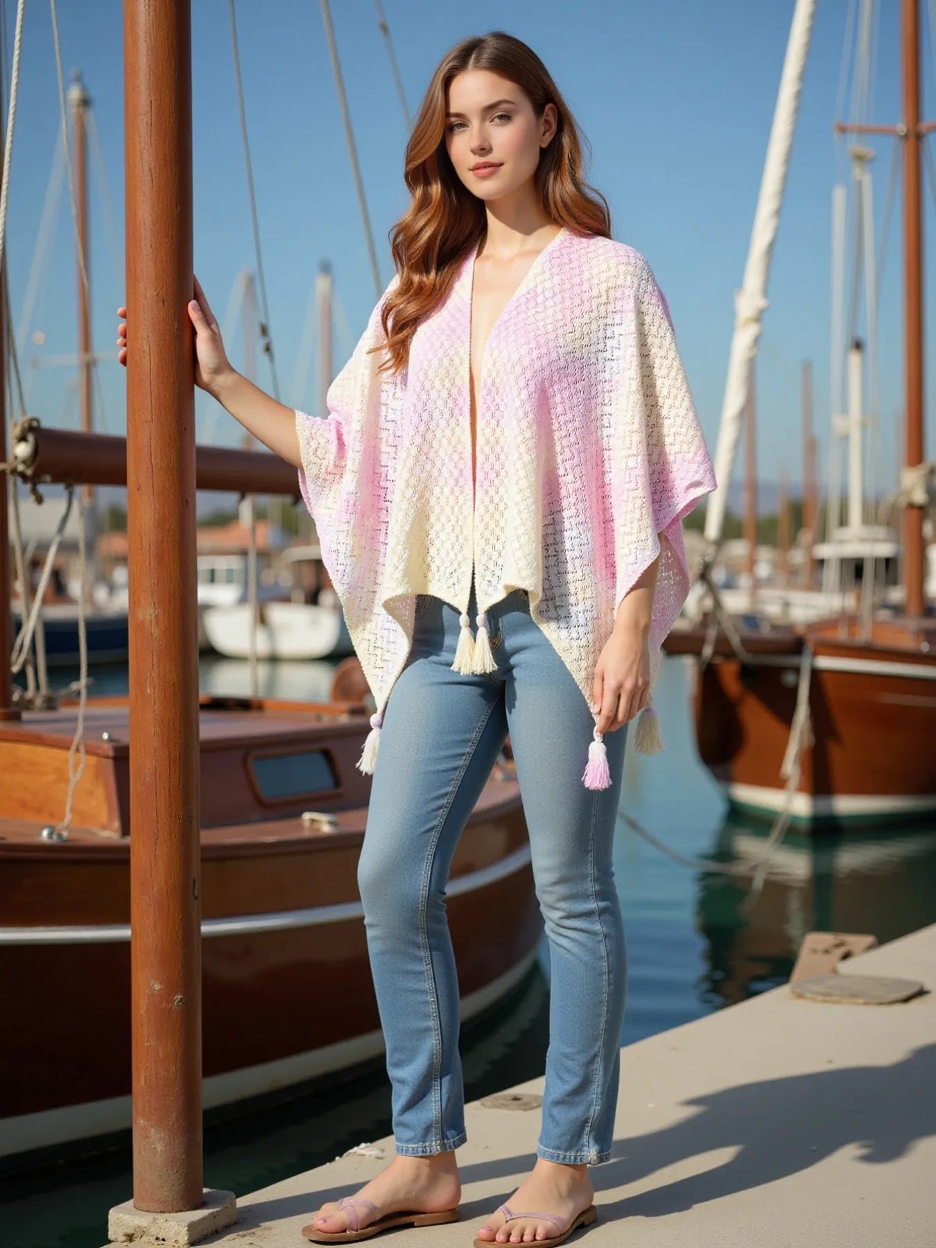 Daverri openwork tassel gradient knit poncho in soft pink and cream
