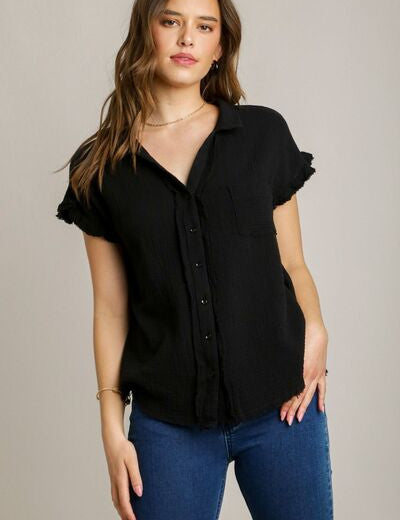 Umgee Full Size Frayed Hem Collared Neck Short Sleeve Shirt Plus Size Black S