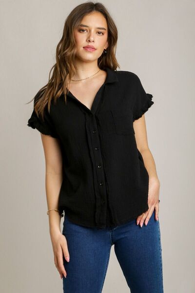 Umgee Full Size Frayed Hem Collared Neck Short Sleeve Shirt Plus Size Black S