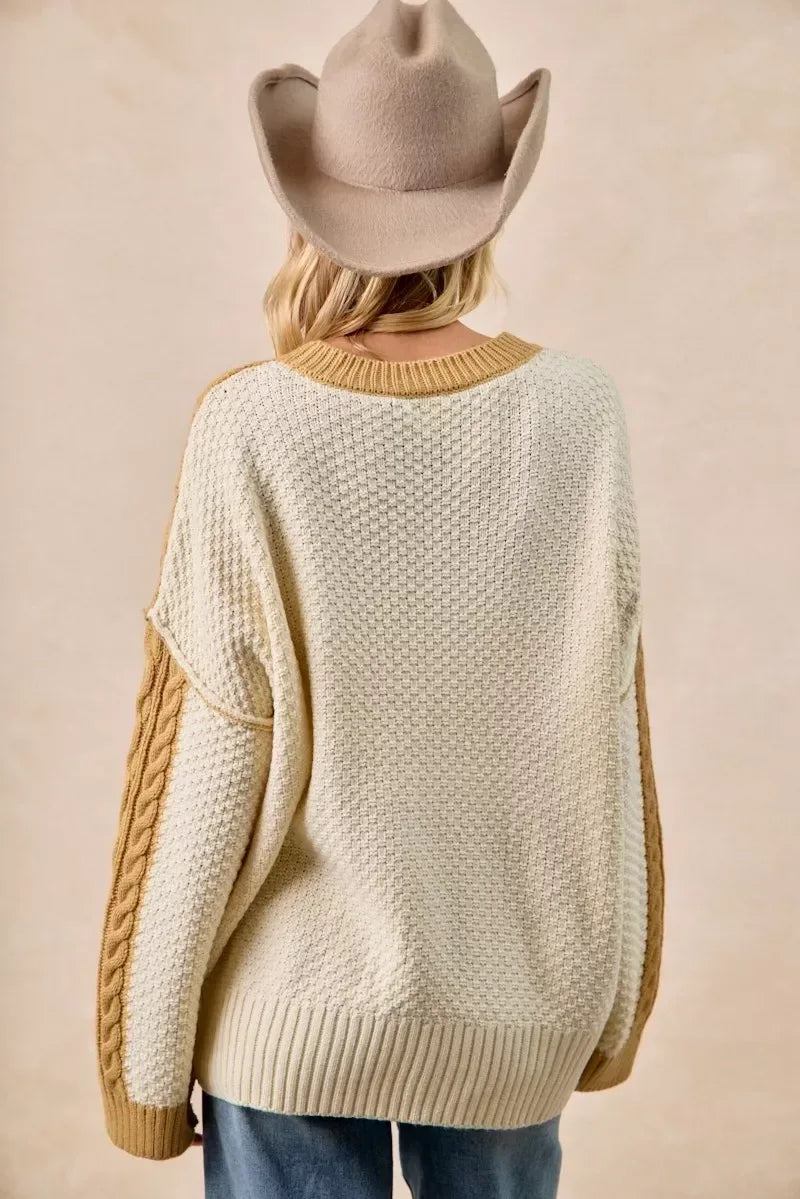 BiBi Cable Knit With Hacci Combo Sweater With Uneven Hem Detail - DAVERRI FASHIONS