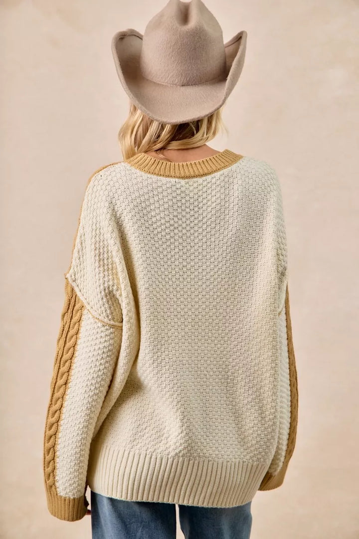 BiBi Cable Knit With Hacci Combo Sweater With Uneven Hem Detail | Sweaters Daverri Fashions
