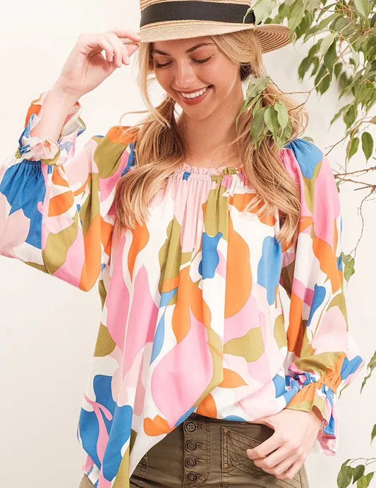 Lime 'N' Chili Abstract Print Off-the-shoulder Long Sleeve Top | Tops Daverri Fashions