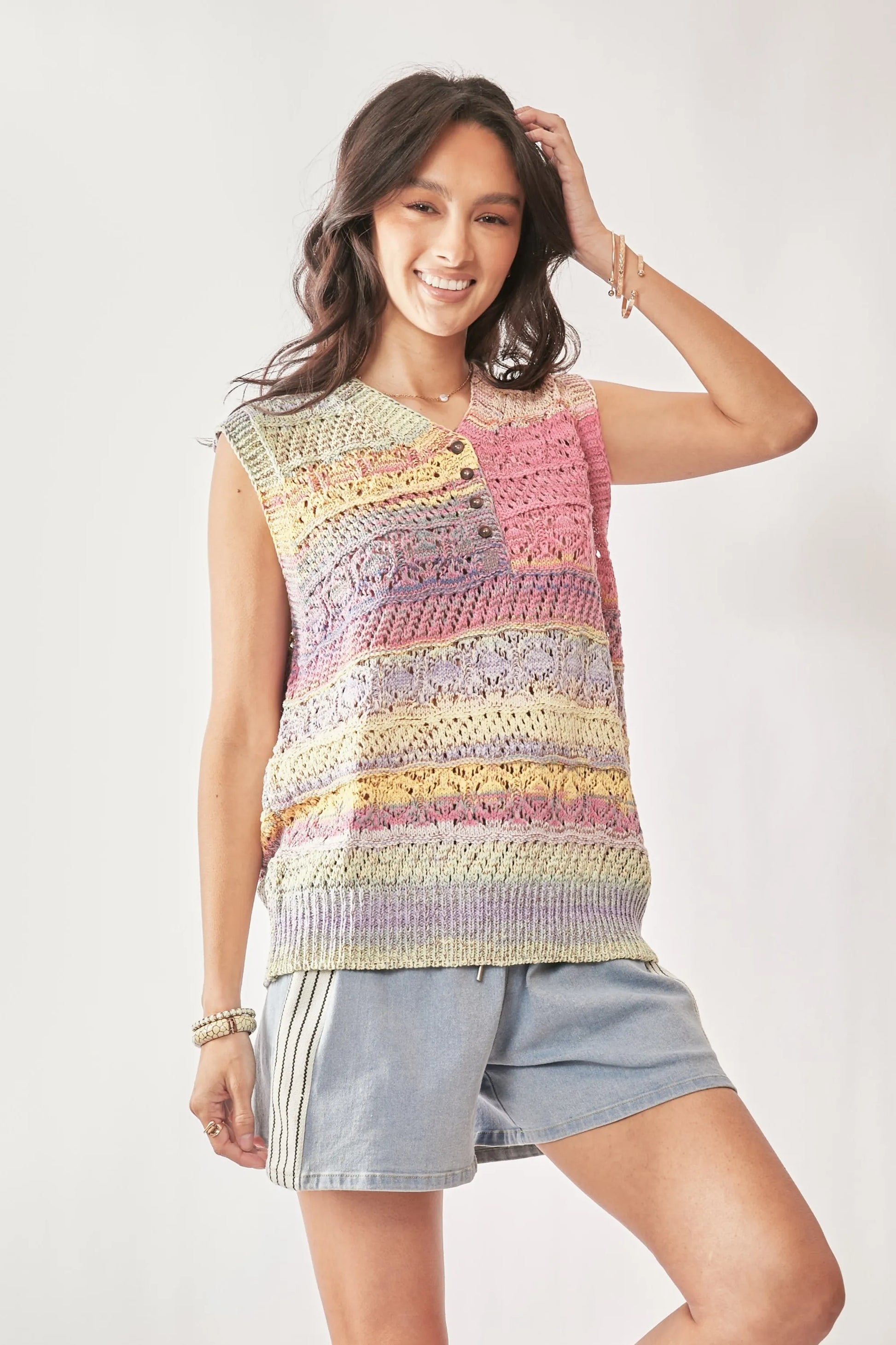 Pastel rainbow striped Davi & Dani crochet sleeveless vest top