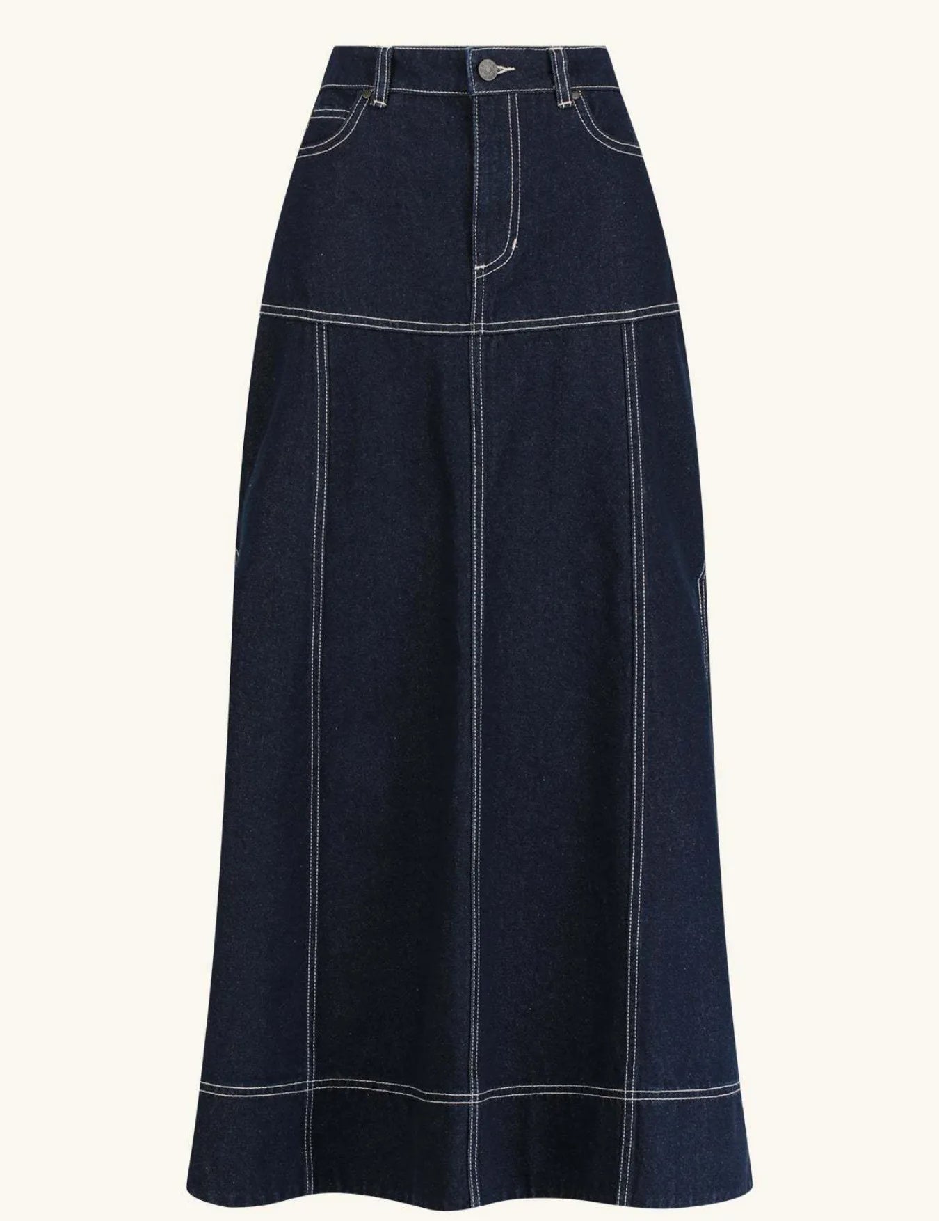 High-Waist Side Slit Contrast Stitch Denim Maxi Skirt | Skirts Daverri Fashions
