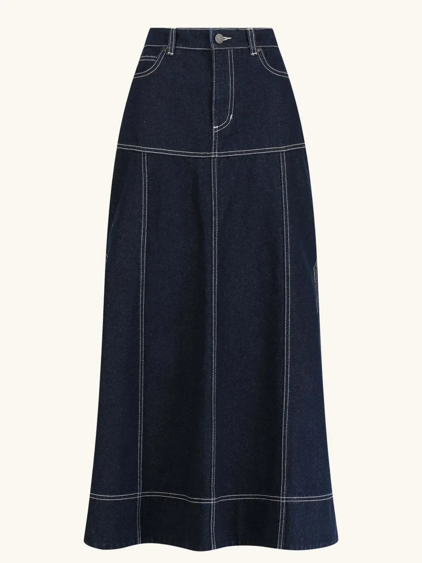High-Waist Side Slit Contrast Stitch Denim Maxi Skirt - DAVERRI FASHIONS