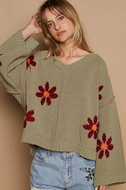 POL V-Neck Floral Pattern Chenille Sweater | Sweaters Daverri Fashions
