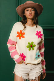 BiBi Colorful Floral Patched Sweater with Striped Sleeve | Sweaters Daverri Fashions