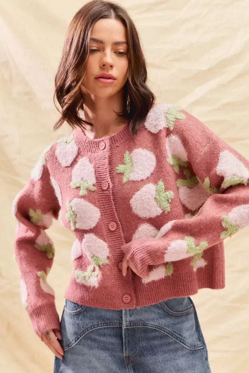 SO ME Strawberry Fruit All Over Button Sweater Cardigan - DAVERRI FASHIONS