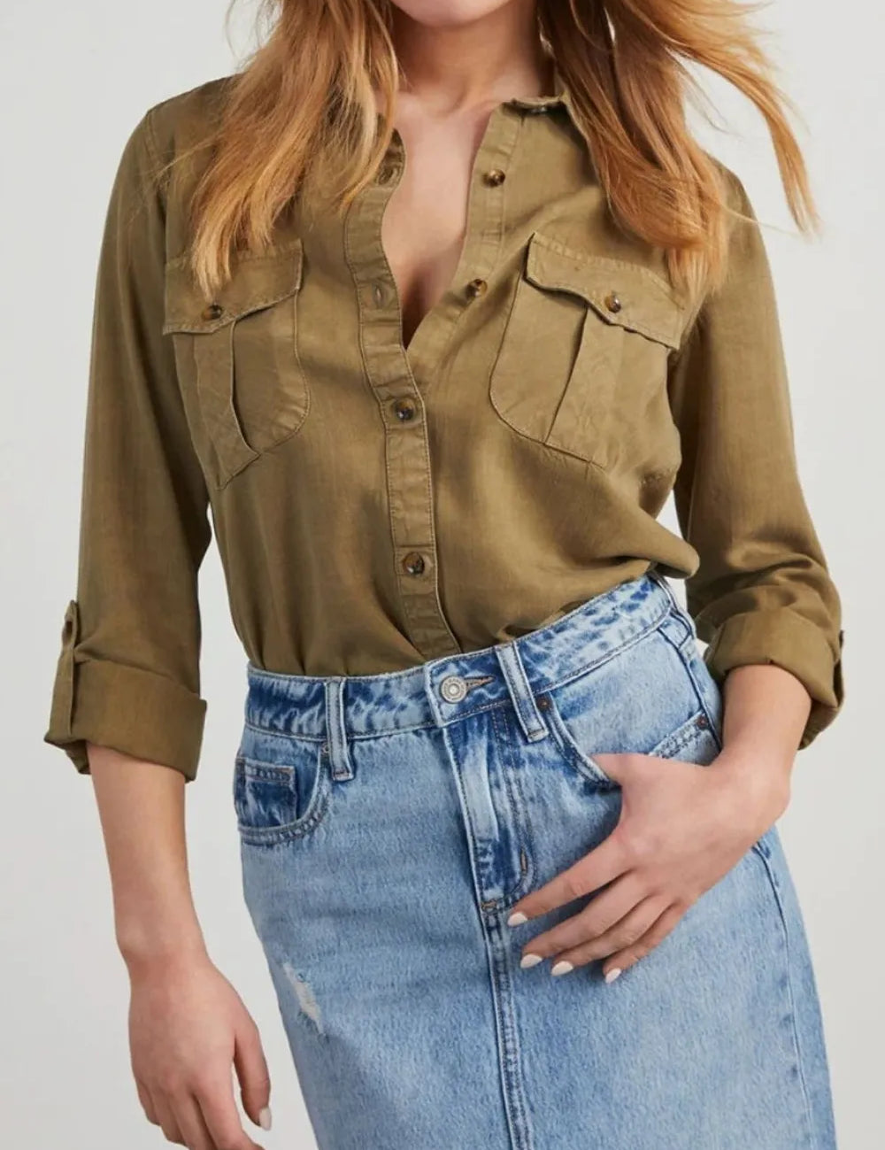 Collared Neck Roll-Tab Sleeve Denim Top | Shirts Daverri Fashions
