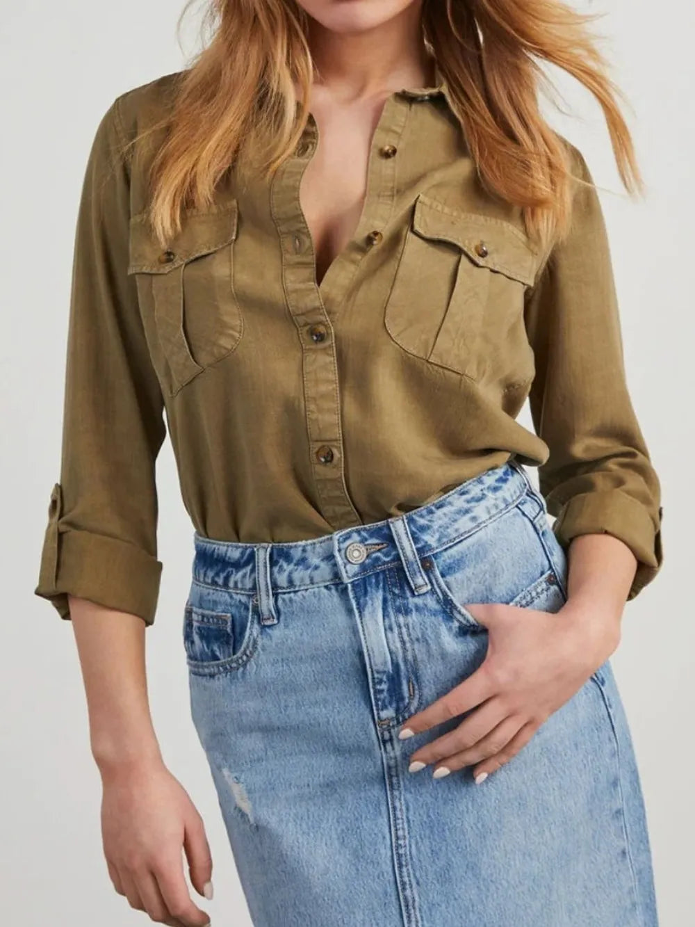 Collared Neck Roll-Tab Sleeve Denim Top | Shirts Daverri Fashions