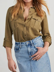 Collared Neck Roll-Tab Sleeve Denim Top | Shirts Daverri Fashions